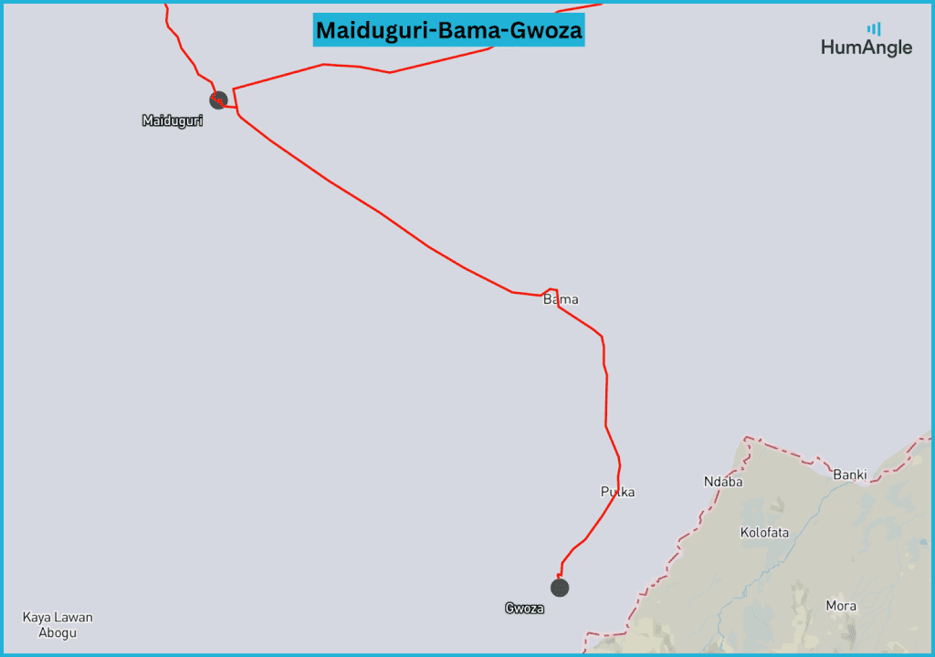 Map showing the red route from Maiduguri to Gwoza passing through Bama and Pulka.