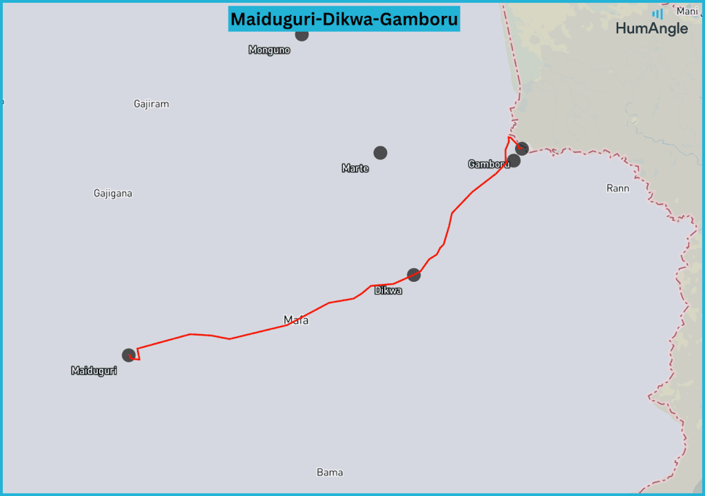 Map showing the Maiduguri-Dikwa-Gamboru route in Nigeria, with marked locations along the path.
