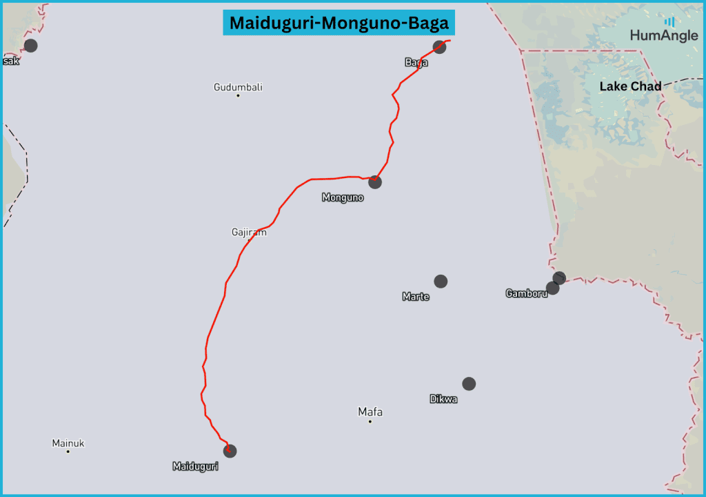 Map showing the Maiduguri-Monguno-Baga route in Nigeria, marked in red, with surrounding towns and Lake Chad highlighted.