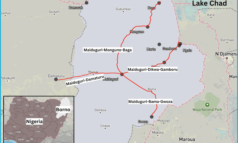 Map showing road routes in Borno, Nigeria, connecting Maiduguri with Damaturu, Monguno, Baga, Dikwa, Gamboru, Bama, and Gwoza.