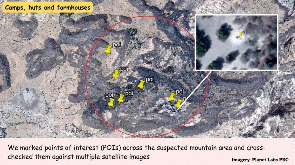 Satellite view showing marked points of interest (POIs) in a mountain area, with an inset for close-up detail.