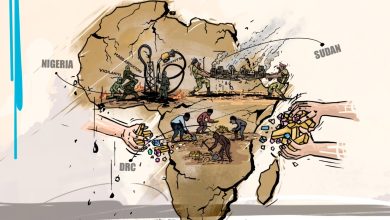 Illustration of Africa showing conflict, oil, and minerals. Caption: "Same world. Same fire. New calendar. New year. Old wars. Fresh silence."