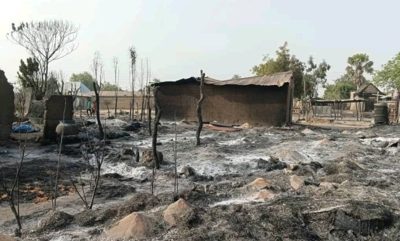 Burned remnants of homes and charred ground in a village, with a few standing structures and bare trees under a clear sky.