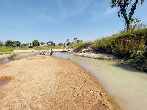 People by a riverbank with sandy shore, surrounded by grass and trees under a clear blue sky.