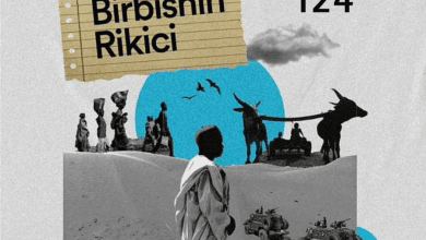 Collage featuring silhouettes of people, animals, and vehicles in a desert, with text "Birbishin Rikici, Episode 124" and HumAngle logo.