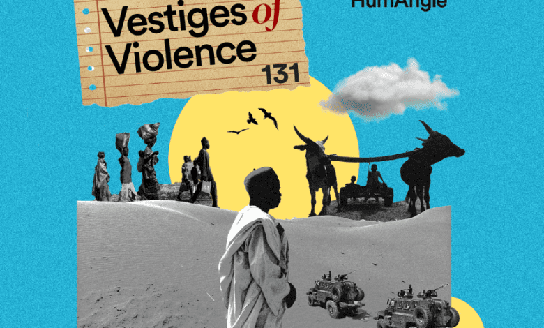 Collage art depicting desert scenes, people, and vehicles with the text "Vestiges of Violence 131" and "HumAngle" on a blue background.