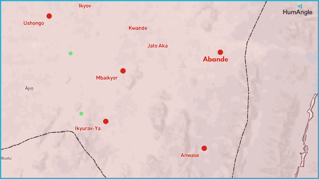 Map showing locations: Ushongo, Mbaikyor, Abande, Anwase, Ikyurav-Ya, Jato Aka, Kwande, and Ikov, with some marked by red dots.