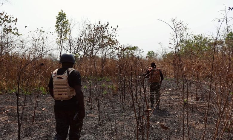 Two soldiers in protective gear walk through a dry, wooded area with sparse vegetation under a clear sky.