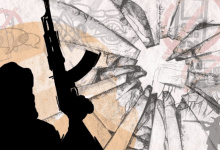 Silhouette of a person with a rifle in front of shattered abstract background with speech bubbles and prohibition signs.