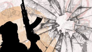 Silhouette of a person with a rifle in front of shattered abstract background with speech bubbles and prohibition signs.