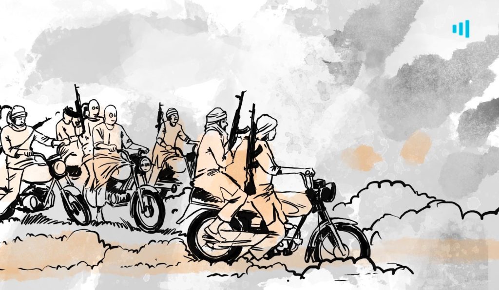 Sketch of armed individuals riding motorcycles in a group, set against a textured gray and orange background.
