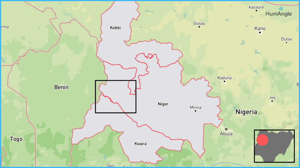 Map highlighting Niger region in Nigeria, bordered by Kebbi, Kaduna, Kwara, Benin, and inset showing its location within the country.