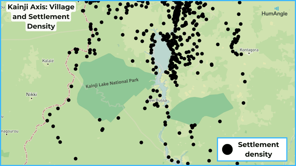 Map showing village and settlement density around Kainji Lake National Park; black dots represent density, key included.