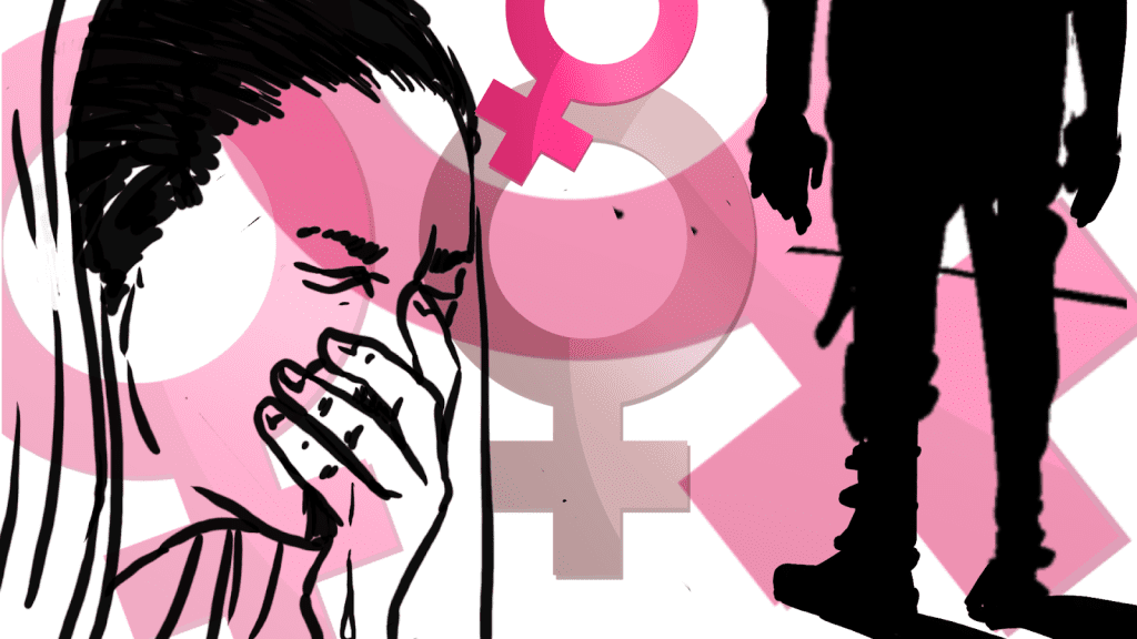 Illustration of a distressed person with female symbols and a silhouetted figure in the background, symbolizing tension or conflict.
