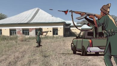 Illustration of two armed figures in combat near a building, with one crouching behind a vehicle and shooting.