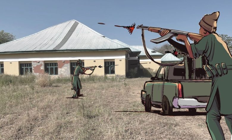 Illustration of two armed figures in combat near a building, with one crouching behind a vehicle and shooting.