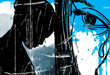 Silhouette of a person with head down, large eye crying, abstract blue and white background.