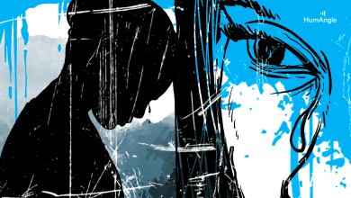 Silhouette of a person with head down, large eye crying, abstract blue and white background.