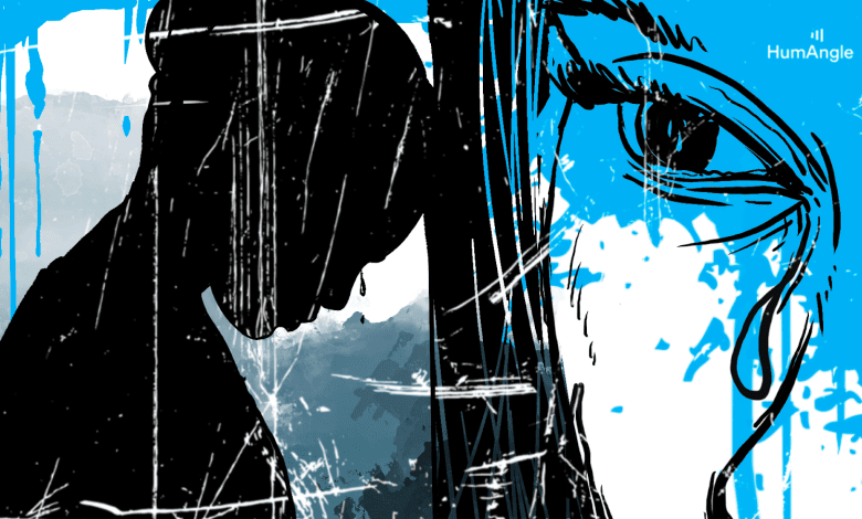 Silhouette of a person with head down, large eye crying, abstract blue and white background.