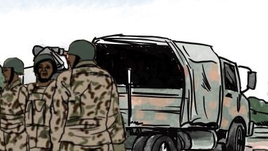 Soldiers in camouflage stand near a military truck with a covered cargo area under a blue sky.