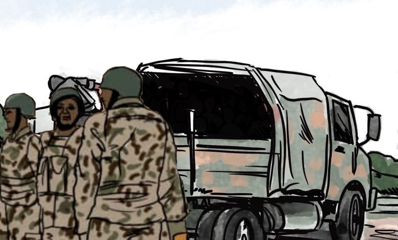 Soldiers in camouflage stand near a military truck with a covered cargo area under a blue sky.
