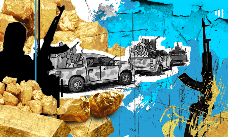 Illustration of armed figures, gold nuggets, and trucks carrying logs against a blue background with abstract elements.