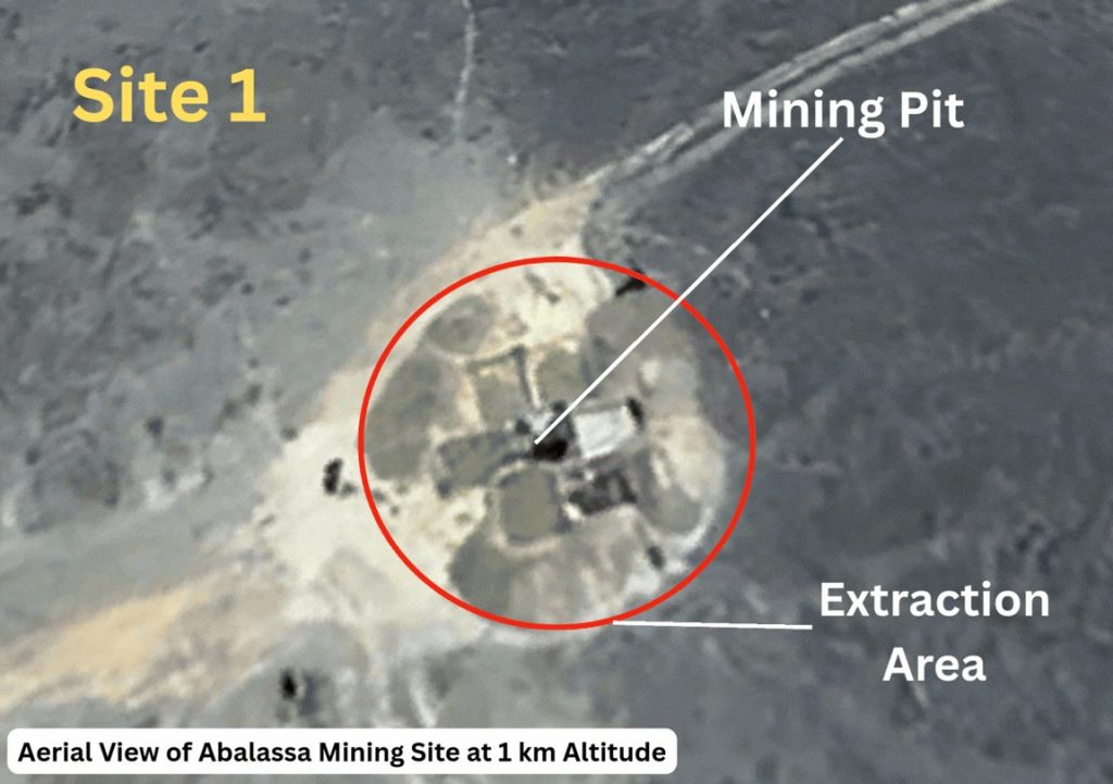 Aerial view of Abalassa mining site showing a mining pit and extraction area within a red circle, labeled as Site 1.