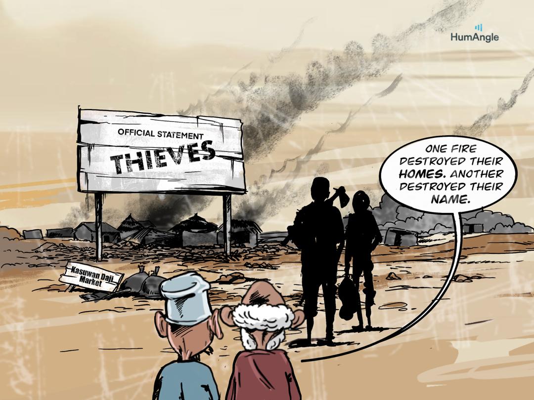 Two figures observe a burned market labeled "Thieves." Speech bubble contrasts home's destruction with damage to reputation.