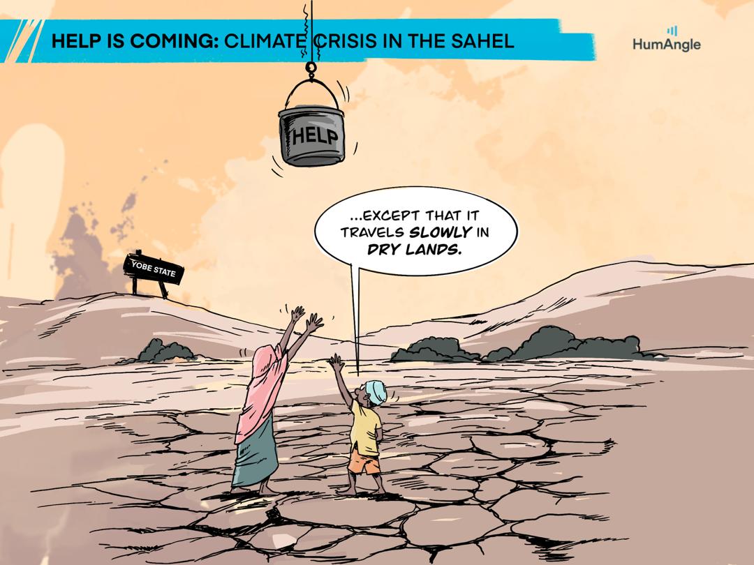 Cartoon showing a mother and child in a cracked landscape reaching for a "HELP" bucket. Sign reads "Yobe State." Speech: Help is slow in dry lands.