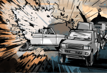 Illustration of armed vehicles on a road amidst an explosion, with soldiers and a mosque in the background.