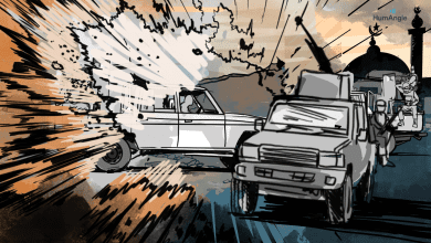 Illustration of armed vehicles on a road amidst an explosion, with soldiers and a mosque in the background.