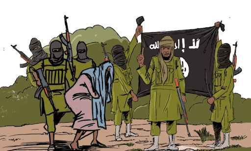 A group of armed, masked individuals in green outfits, with one holding a black flag, stand on a dirt path while one bows.