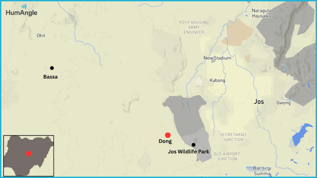 Map showing locations in Jos, Nigeria including Bassa, Dong, Jos Wildlife Park, and New Stadium with a highlighted area on the map.