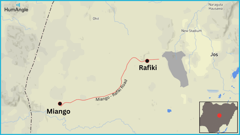 Map showing Miango-Rafiki Road in Nigeria with locations Miango, Rafiki, Jos, and landmarks like New Stadium. Inset map with red dot.