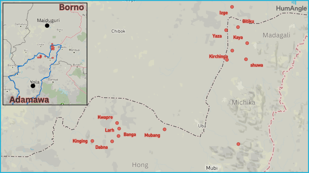 Map showing locations in Adamawa and Borno, Nigeria, with marked points such as Izge, Kaya, and Uba along a dotted border.