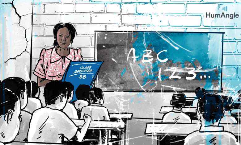 Teacher holds a class register in front of students in a classroom, with ABC and 123 written on the board. Cracked wall background.