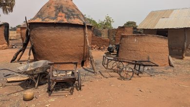 Large clay ovens with wooden supports, plus a wheelbarrow and cart in a sunlit rural setting.