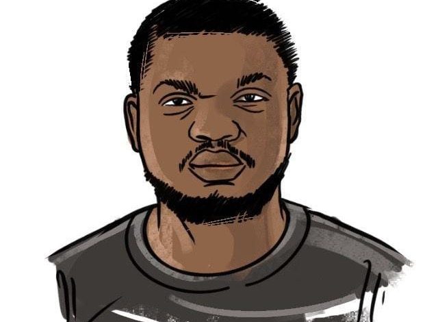 Illustrated portrait of a man with short hair and a beard, wearing a dark shirt, set against a white background.