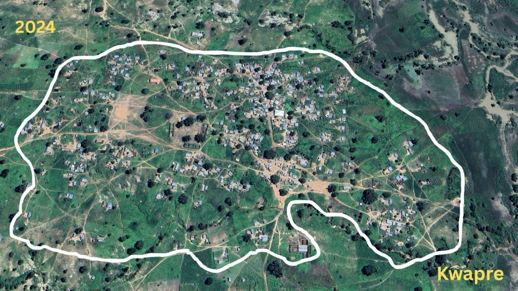 Aerial view of Kwapre with buildings and paths, bordered by a white line, dated 2024.