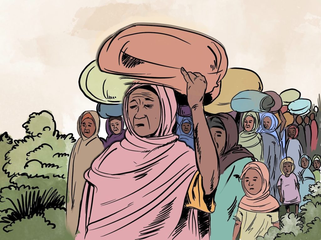 Illustration of a group of people walking while carrying bundled items on their heads, with trees in the background.