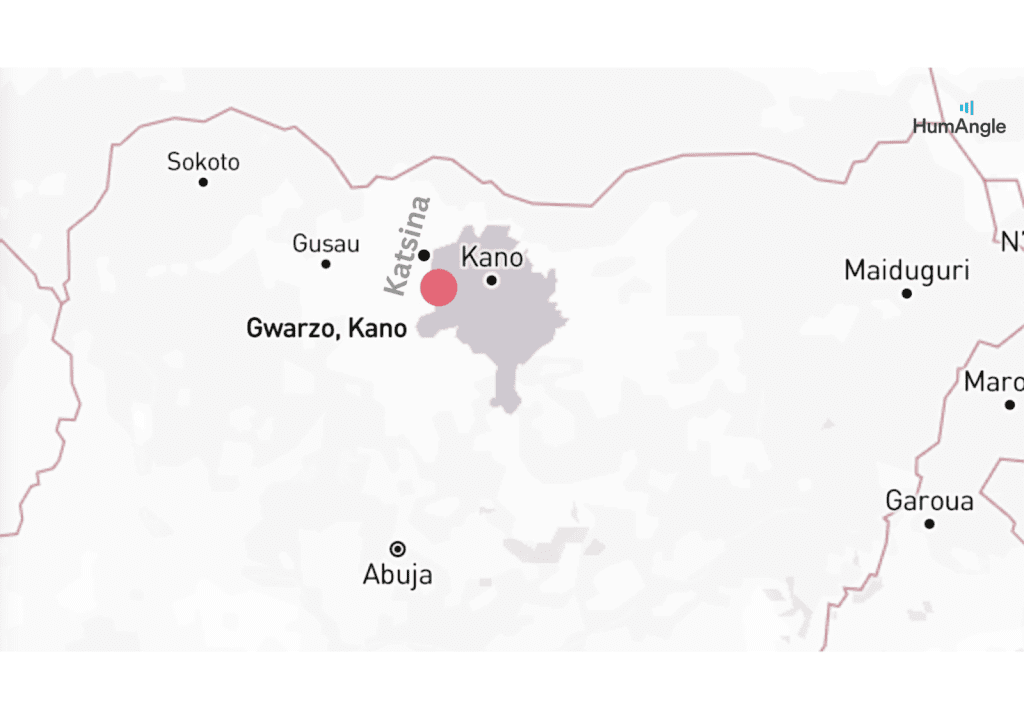 Map showing locations in Nigeria, highlighting Kano, Katsina, and Gwarzo with a red dot. Other cities include Abuja and Maiduguri.