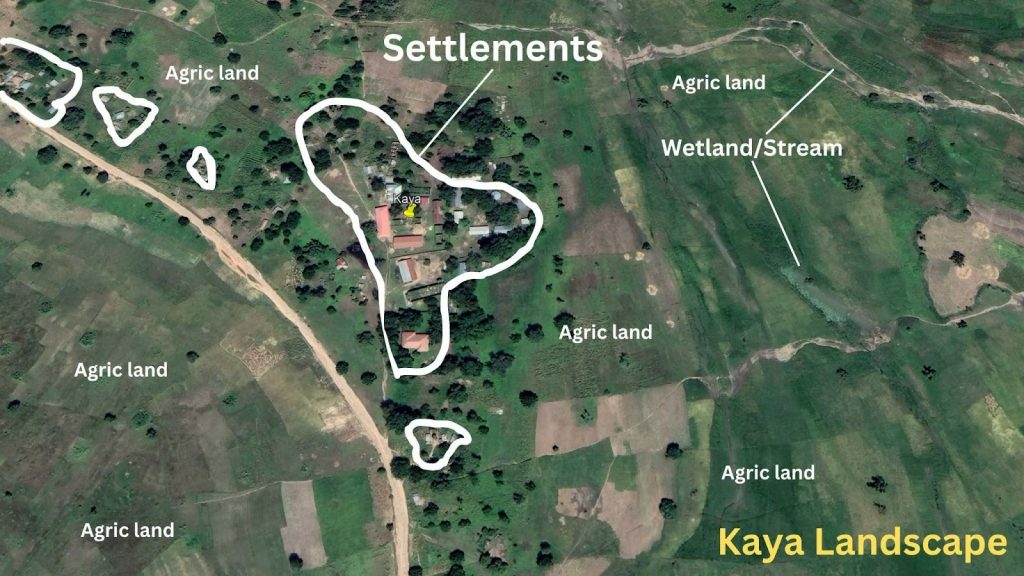 Aerial view shows settlements, agricultural land, and a wetland/stream labeled in the Kaya landscape.