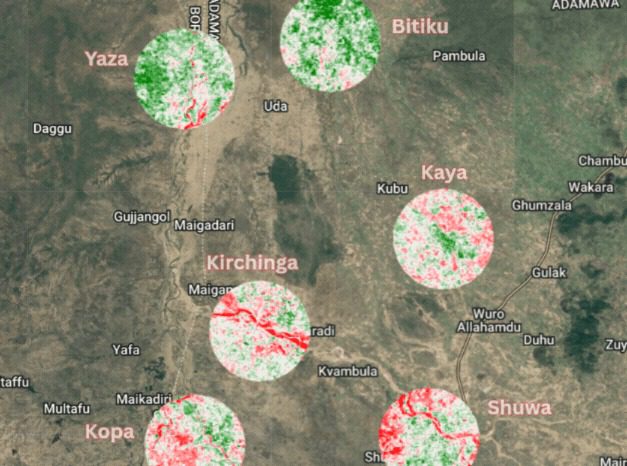Map showing areas with circular overlays in green and red near locations Yaza, Bitiku, Kaya, Kirchinga, Shuwa, and Kopa.
