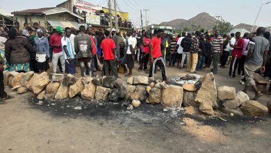 A large crowd gathers near a barricade of rocks on a street, with hills visible in the background. Some buildings and power lines are nearby.