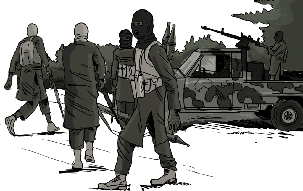 Illustration of armed men in masks and tactical gear near a camouflaged vehicle with a mounted weapon.