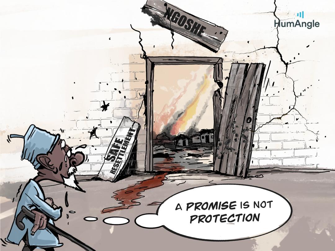 Cartoon of a man walking past a damaged wall labeled "NGOSHE," with the sign "SAFE RESETTLEMENT" fallen. Text bubble: "A promise is not protection."