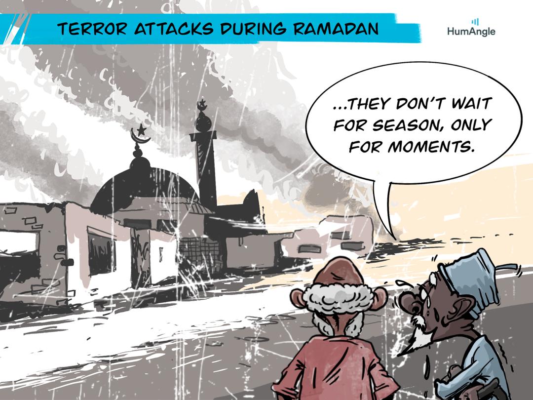 Cartoon of two men watching a burning mosque. Text above reads "Terror attacks during Ramadan." One says, "They don't wait for season, only for moments."