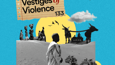 Collage of desert scene with people, vehicles, and donkeys. Text: "Vestiges of Violence 133," "HumAngle." Podcast icons at the bottom.