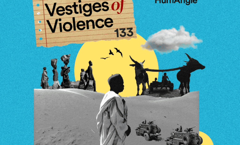 Collage of desert scene with people, vehicles, and donkeys. Text: "Vestiges of Violence 133," "HumAngle." Podcast icons at the bottom.