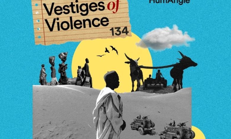 Collage with figures in a desert, vehicles, and a cart under a yellow sun. Text reads "Vestiges of Violence 134" and "HumAngle."